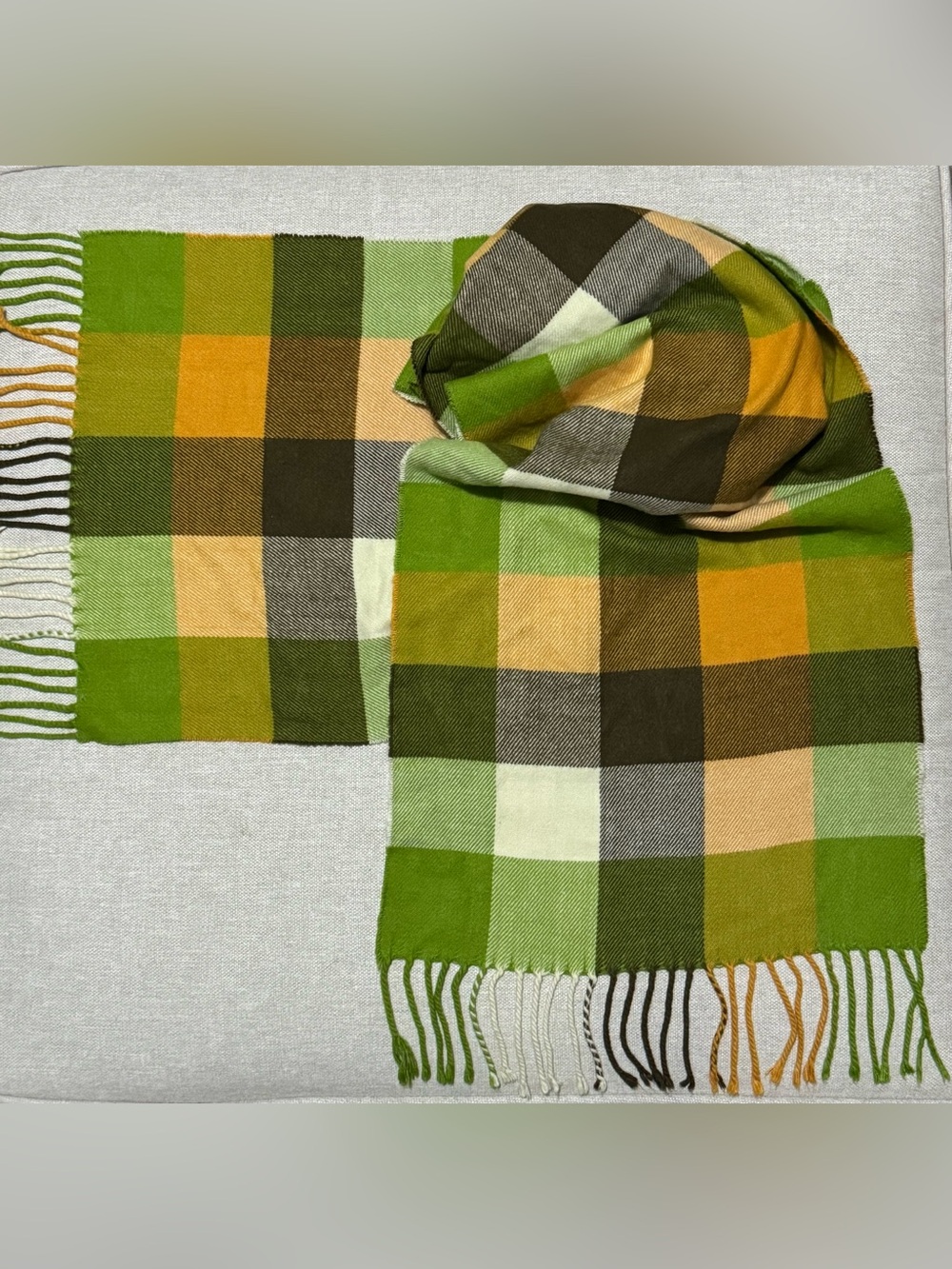 Italy Design Cashmere Feel Scarf-Plaid-Green/Yellow/Brown/Cream-Fringe-EUC